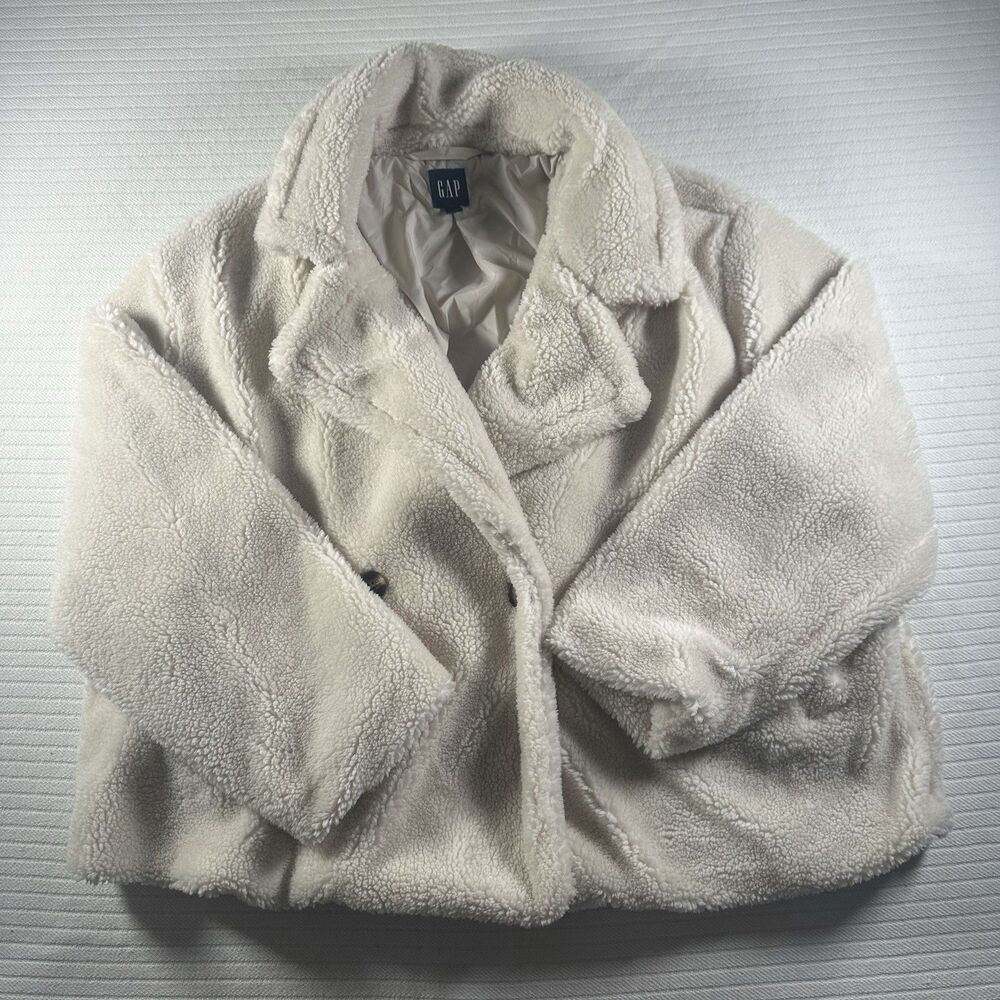 GAP Womens XXL Sherpa Teddy Coat Cream Ivory Fleece Button Jacket Cozy Plush